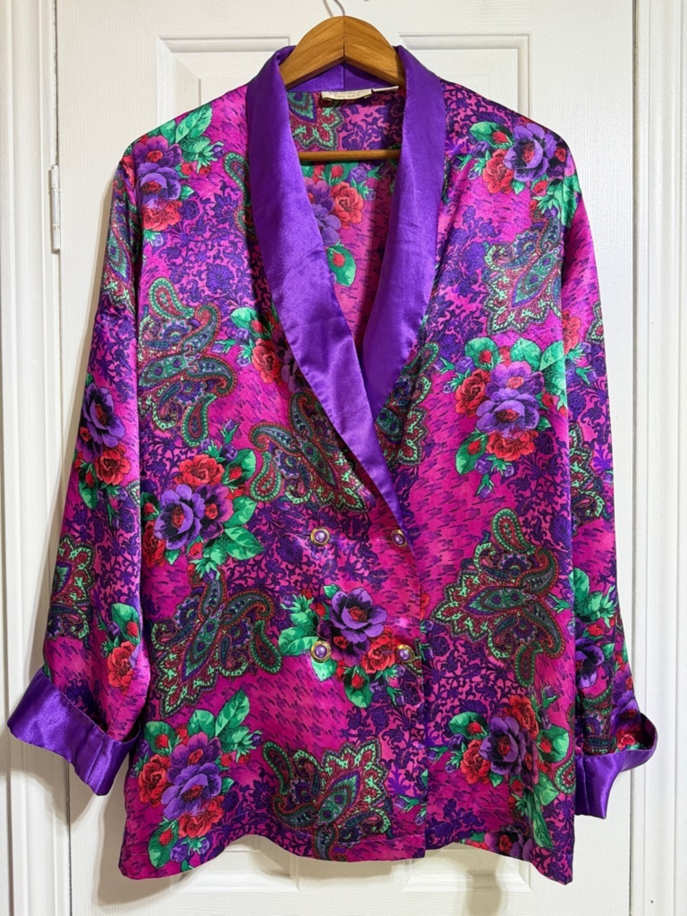 Vintage VS purple pink silky floral Paisley double breasted sleepwear blazer L